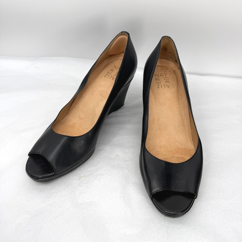Naturalizer Matte Black Leather Peep Toe Wedge Pumps Comfort Office Shoes 9.5M